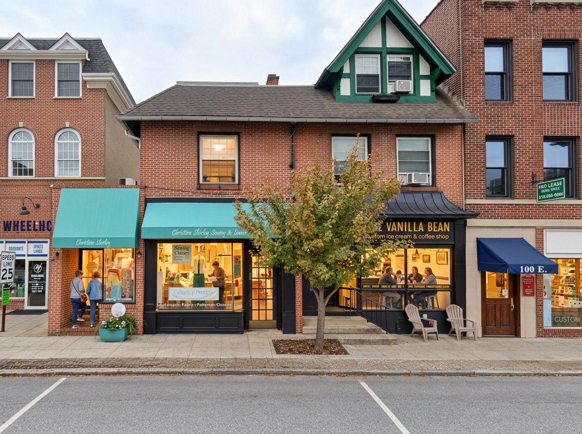 Color photo of the brick storefronts at 102–104 East Lancaster Avenue in Wayne, awnings and warmly lit windows with people inside, at the sidewalk with diagonal parking out front