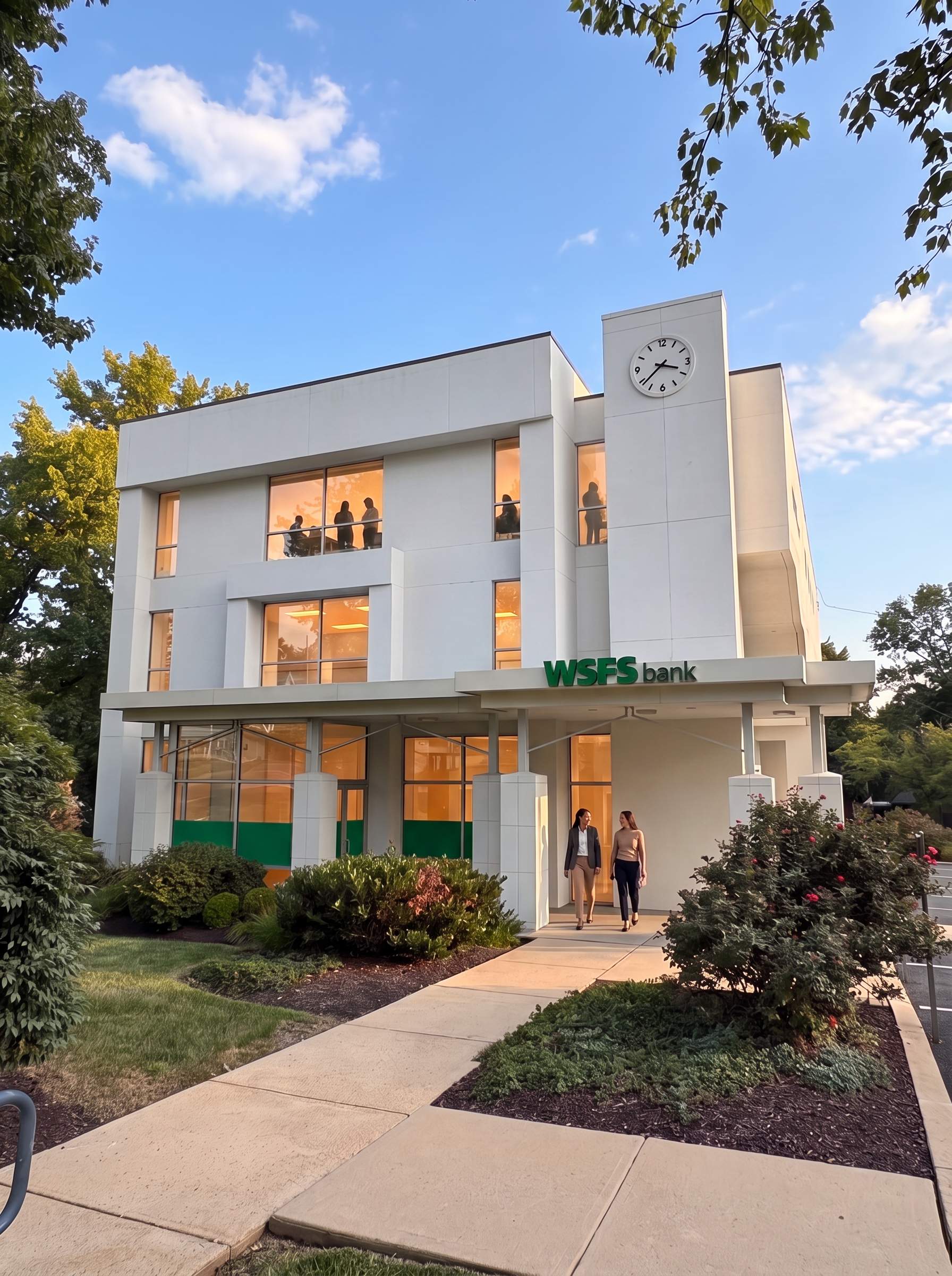 Photo of the three-story corner building at 330 East Lancaster Avenue in Wayne in late-afternoon light, WSFS bank at street level and the second and third floors lit with people at work