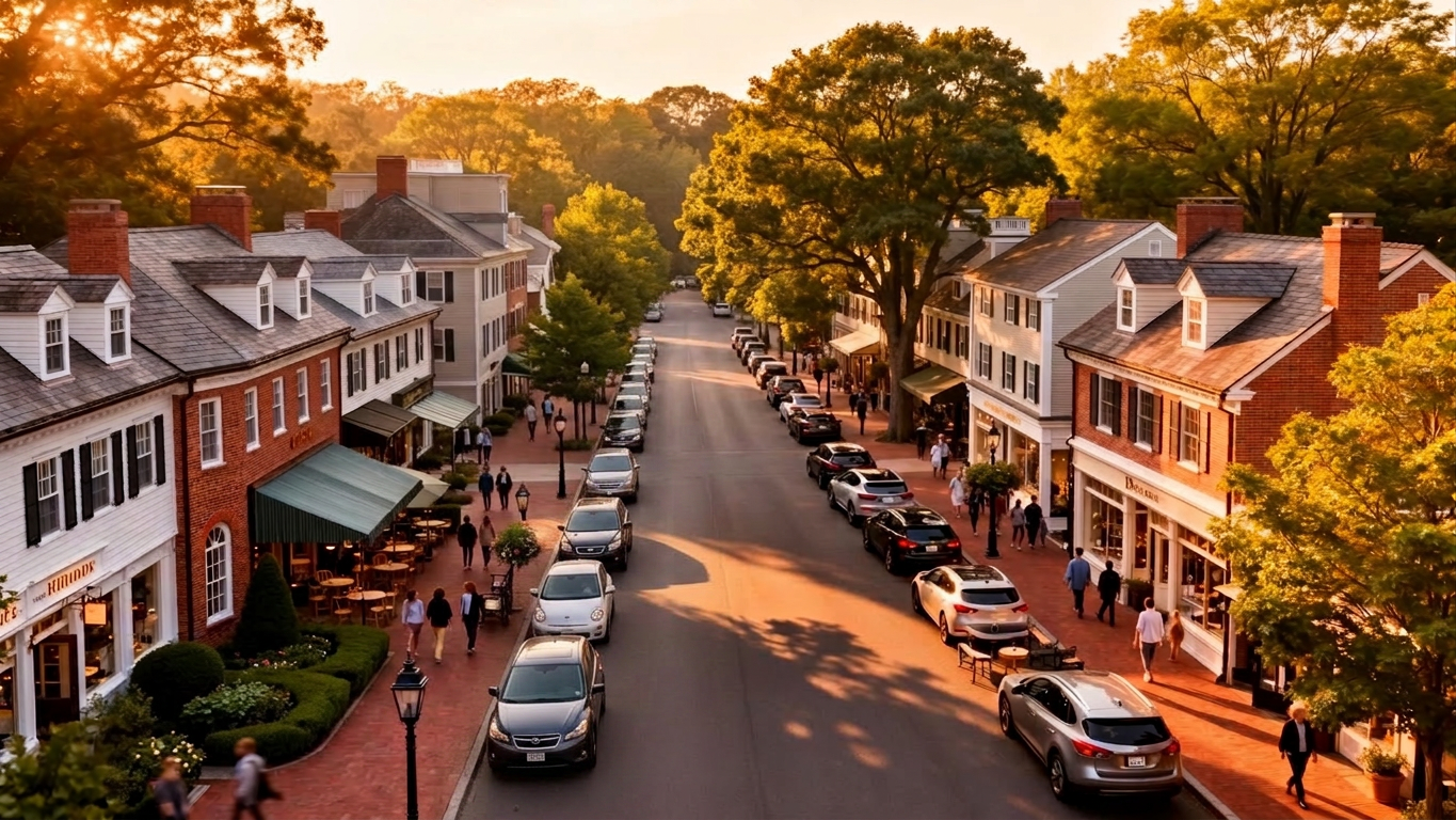 An aerial view of a city block at golden hour