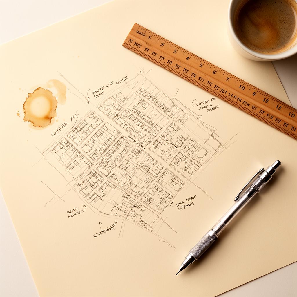 A working map of a neighborhood with hand-drawn annotations